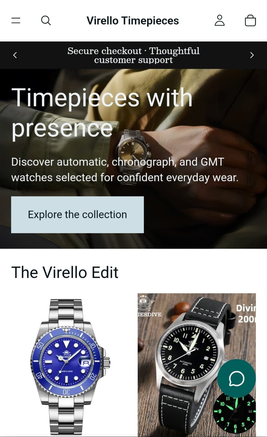Screenshot of the Virello Timepieces store